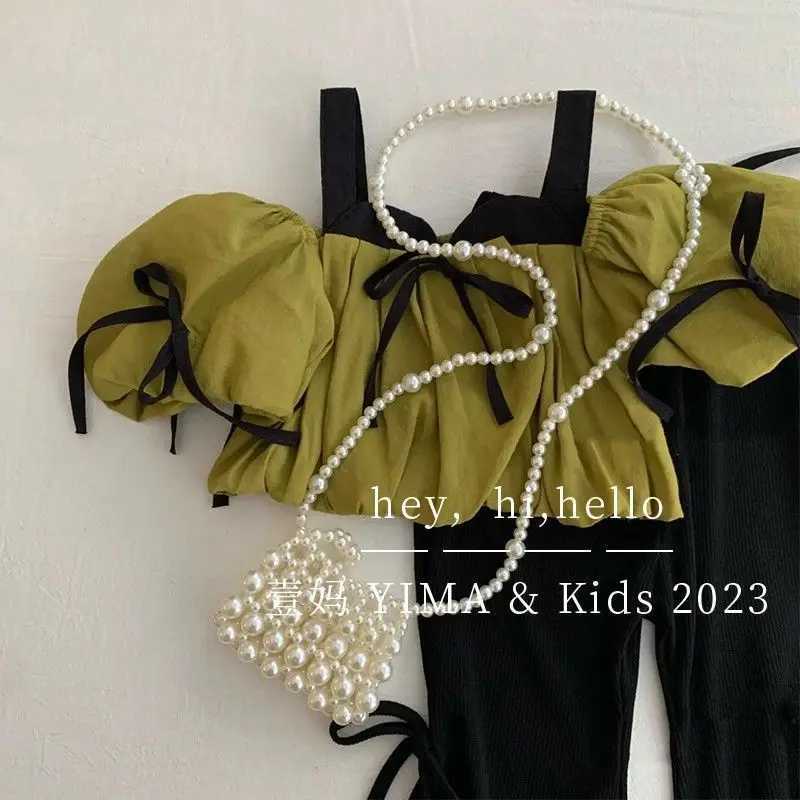 Childrens clothing set hanging bubble sleeve top+flat pants 2-piece set childrens clothingXJ250410