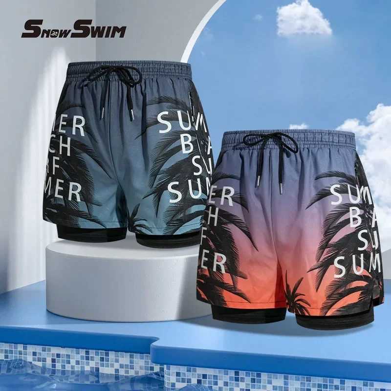Mens double-layer swimming shorts anti awkward lined with professional beach pants adult swimming equipmentW250410