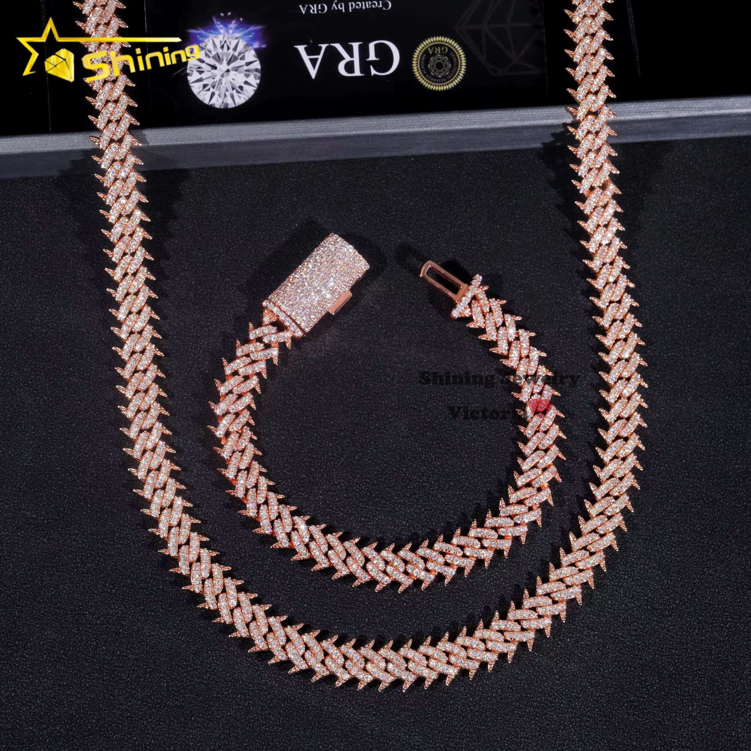 Hot Sale 925 Soild Silver Rose Gold Plated Hip Hop Necklace 10MM VVS Moissanite Diamond Spike Cuban Link Chain