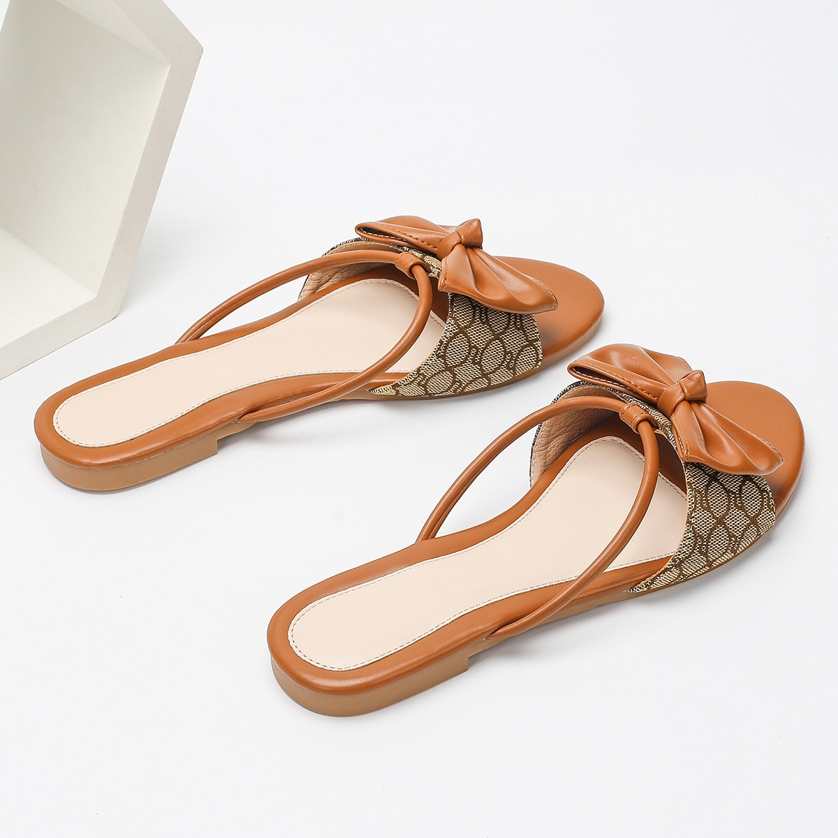 New Summer women's bow ribbon design round head flat comfortable non-slip women's slippers Brown plus size 35-43