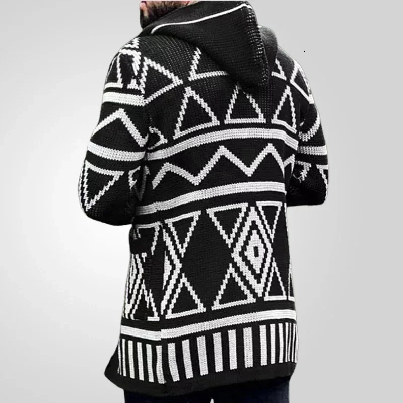 Men Cardigan Open Stitch Sweaters Mid Length Coat Hooded Full Sleeve Splice Knit Casual Regular Coats Autumn Winter 2024 251030