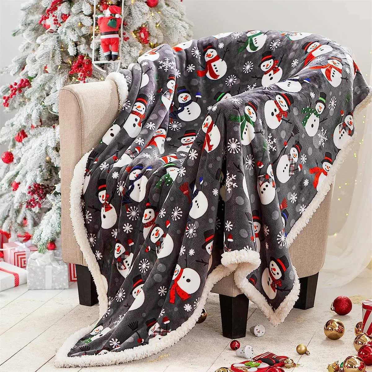 Double Layer Thickened Blanket Elk Snowman Snowflake Print Quilt Wool Cashmere Nap Sofa Cover For Christmas Keep Warm C251111