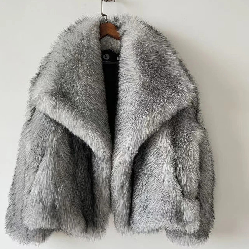 Fashion Winter Soft Fluffy Fur Coat Women High Street Large lapel Faux Fox Fur Jacket Silver fox colored Female Overcoats 251105