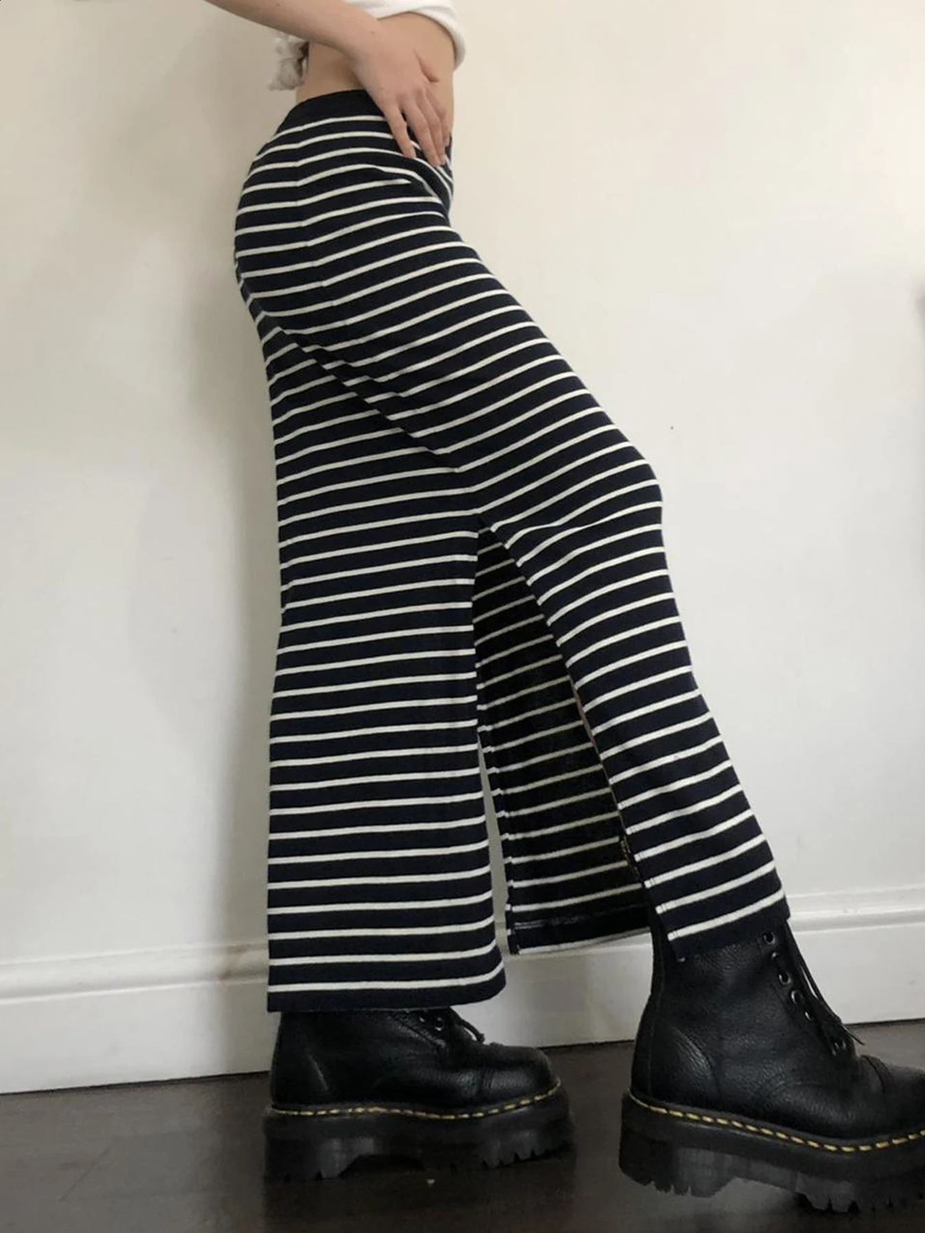 Y2K black and white long strip womens split elastic waist basic elegant knitted skiing 250407