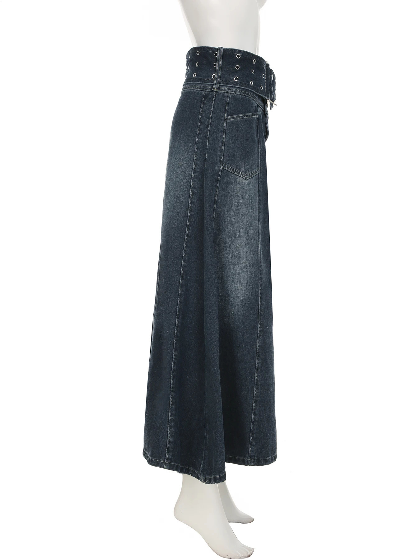 IAMSURE Basic A-Line Denim Skiing Strap Casual Slimming Pocket High Waist Long Skirt Womens Spring/Summer Womens Wear 250408