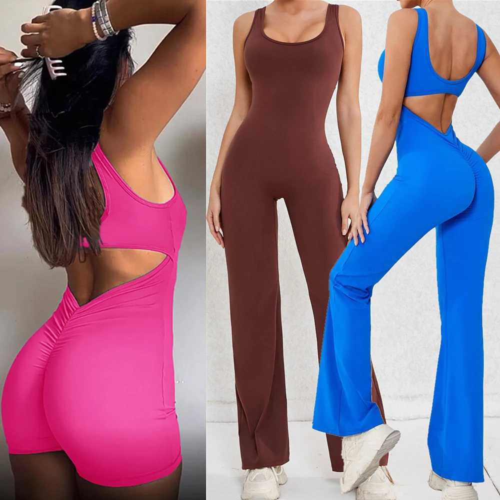 XS-XL new mat womens gym yoga set sports jumpsuit sexy back fitness pants flash leg one-piece jumpsuitW250411