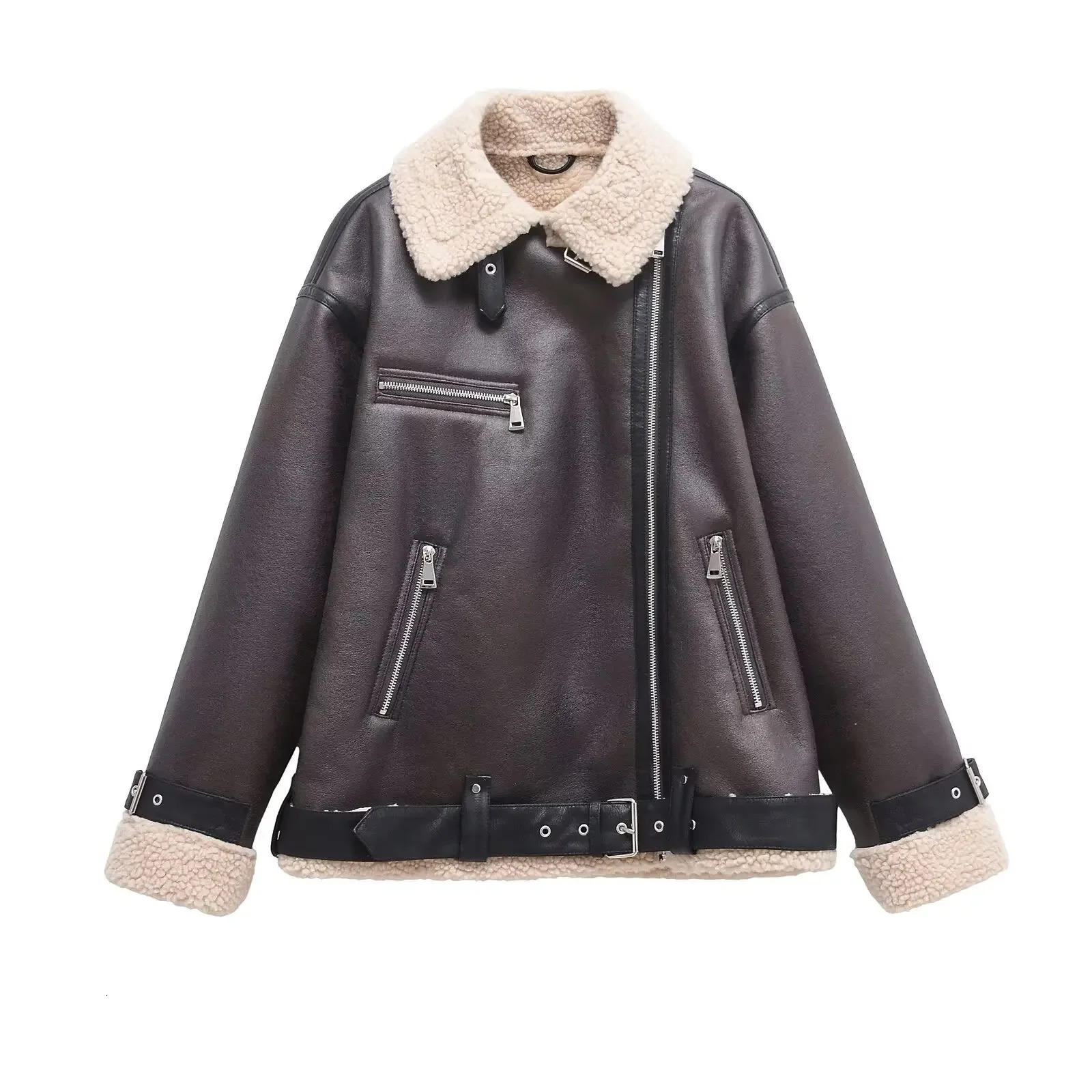 Double-Sided Lamb Velvet Jacket with Belt Womens Winter Fashion Polyester Fiber Full Sleeve Loose Fit Coat Integrated Leather A 251105