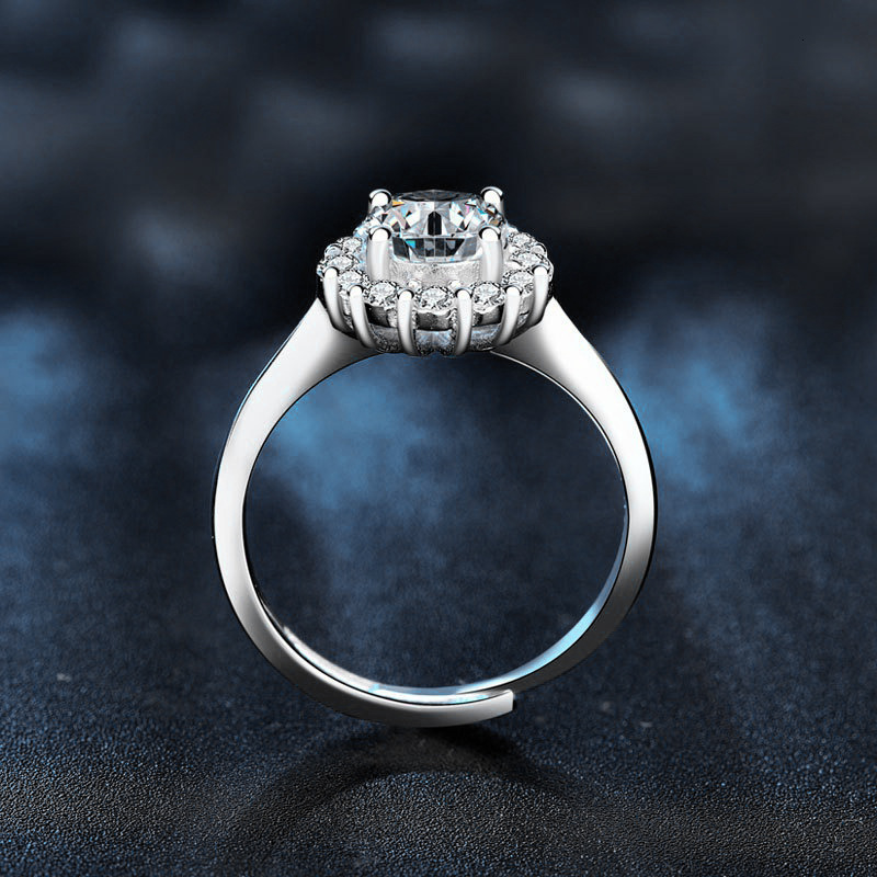 925 Sterling Silver Sunflower Ring Women's Ring European And American Fashion Four Claw Opening Moissanite Diamond Ring Imitation Diamond Ring