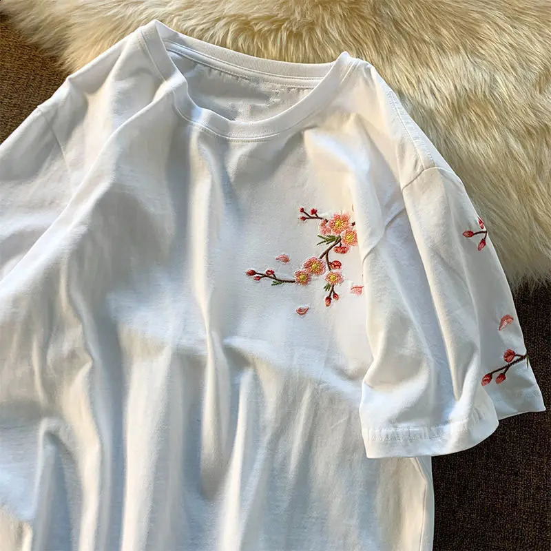 Aesthetic Japan Style Cherry Blossoms Embroidery T Shirts Sexy Women Girls Cotton Summer Tee Tops O-neck Loose Casual Harajuku 250410