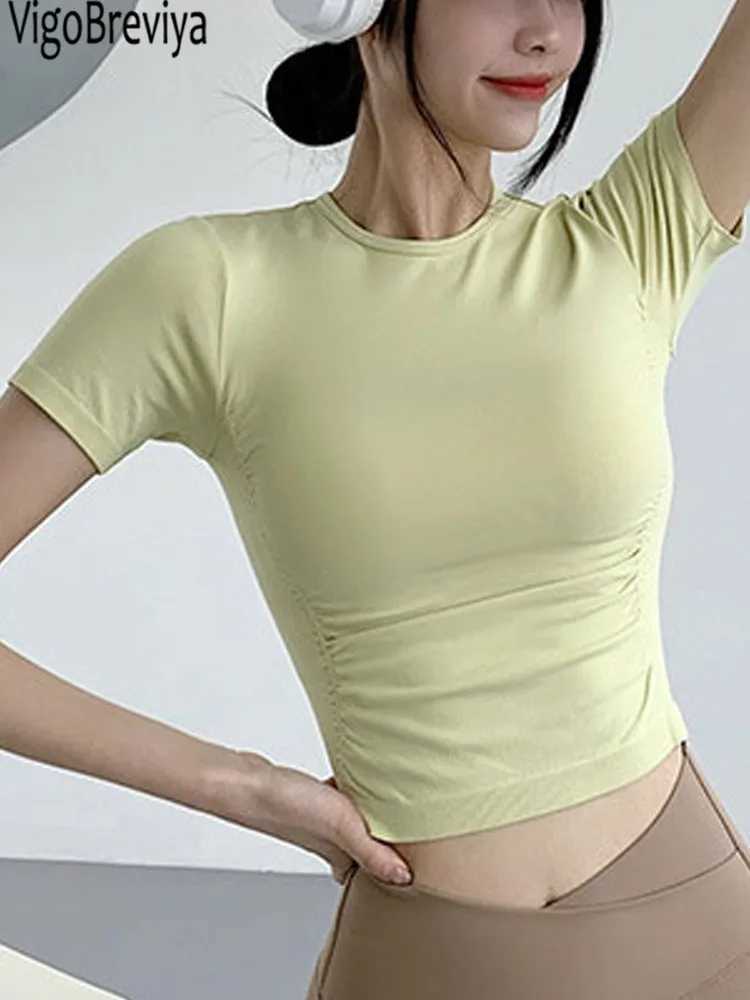 VigoBreviya short sleeved seamless yoga top 2025 solid fitness sports T-shirt gym running exercise topW250411