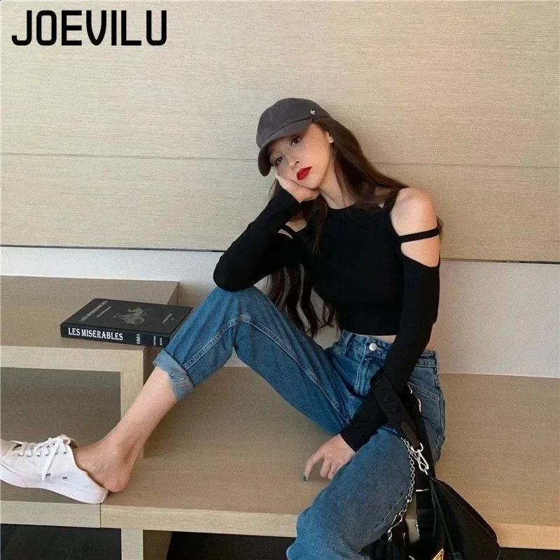 JOEVILU Hollow Top Shoulder Sexy Long Sleeve Tshirt Womens Korean Harajuku High Waist Tight Bottom Shirt 250407
