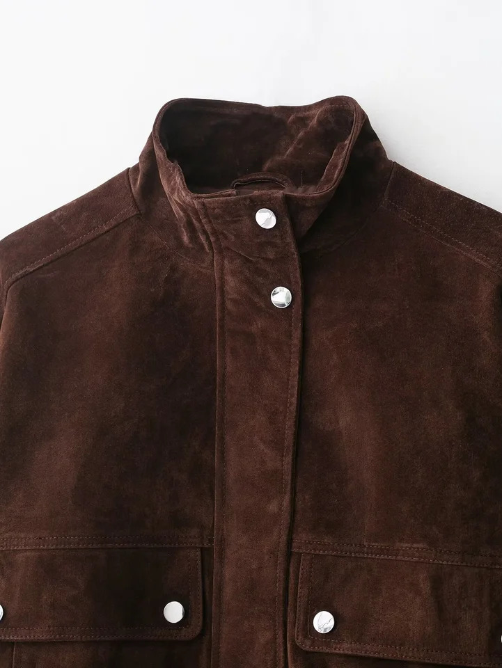 autumn womens casual fashion simple versatile pocket stand collar long sleeve short bomber jacket 251105