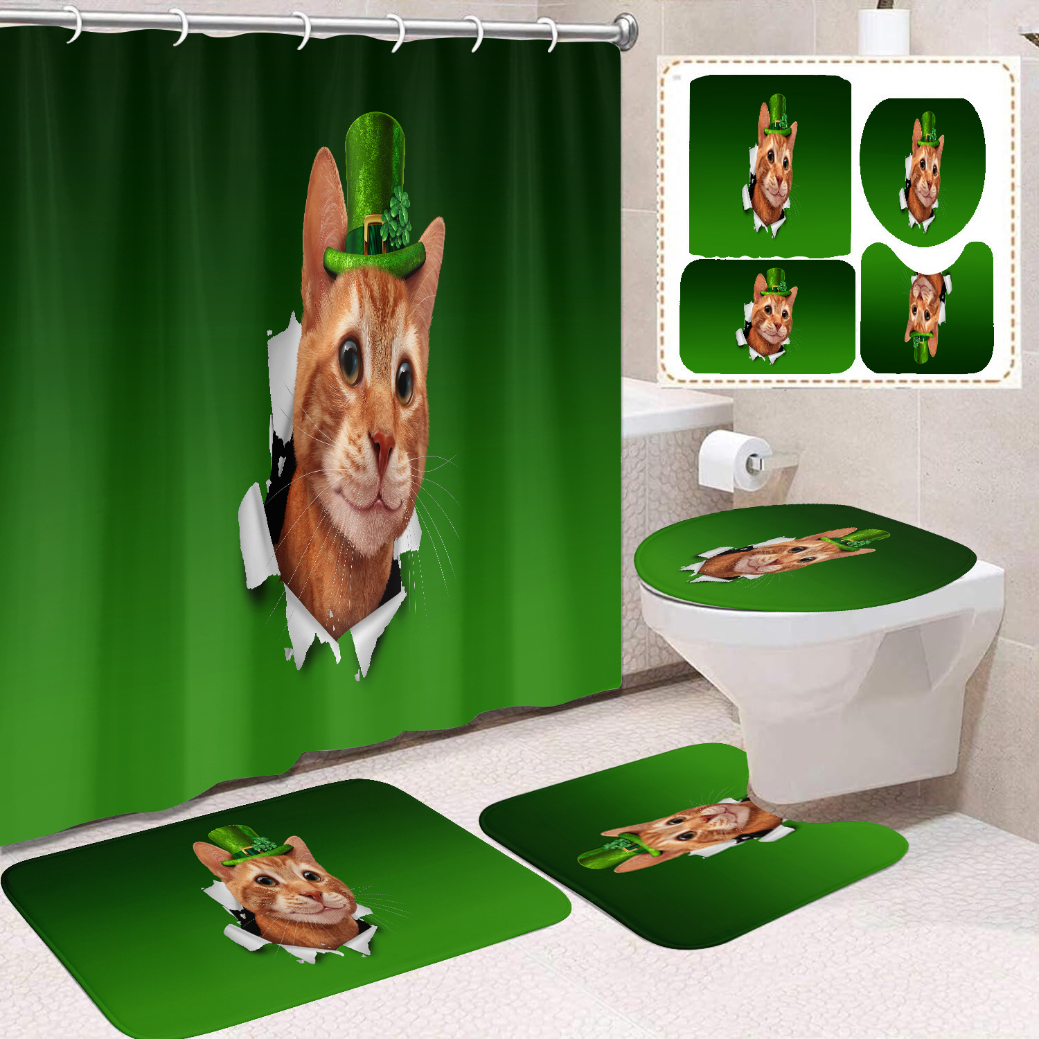 YL-37687 Black and White Cat Shower Curtain Waterproof and Mildew-proof Digital Print Shower Curtain Four-Piece Set