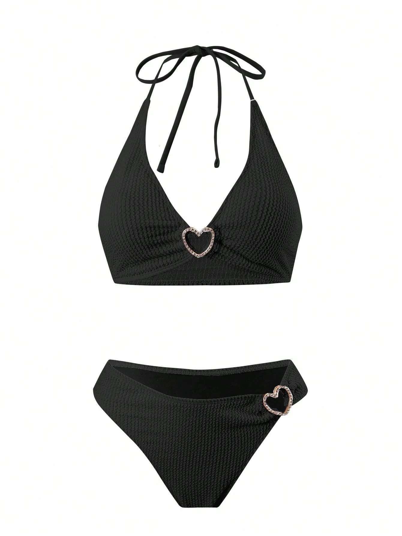 Solid color women's hot spring bath neck tie, split swimsuit, heart-shaped hollow two-piece set bikini