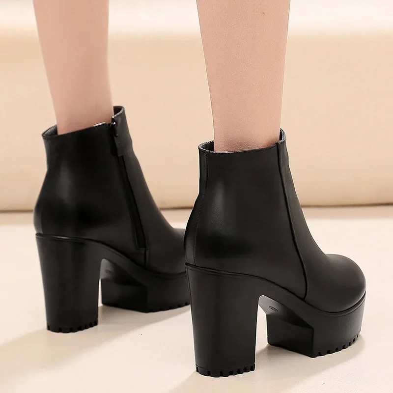 8cm 10cm Small Size 33-43 Thick Bottom Platform Shoes Ankle Boots with Fur Block High Heels Genuine Leather Boots Office 251110