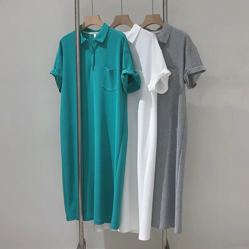 Korean Polo Cotton Dress Casual Loose Fit Slimming Short Sleeves Over Knee Lazy Person T-shirt Skirt 250411