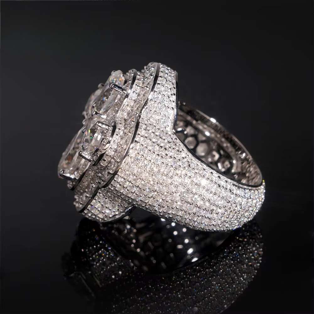 New hip-hop style fully chilled silver cross pear shaped cut men's silica ring