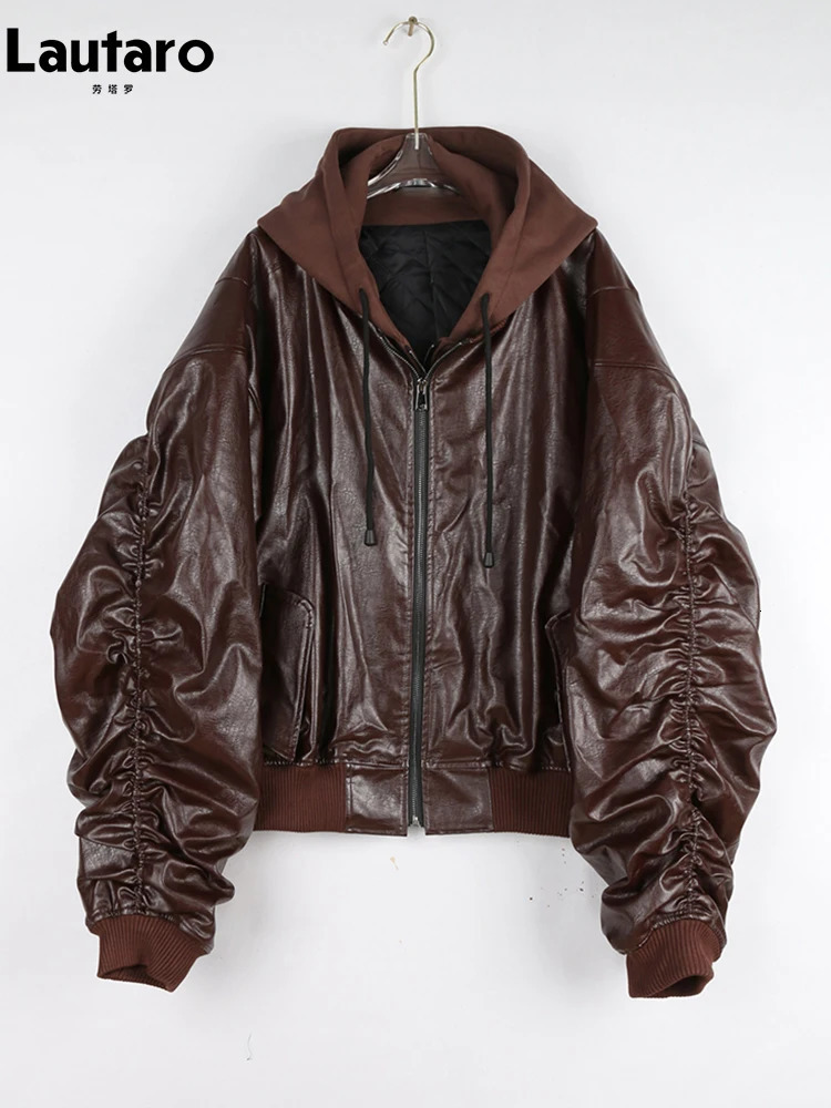 Lautaro Autumn Winter Oversized Thickened Warm Red Black Pu Leather Jacket Men Unisex Clothes Cool Grey Hoodie 251103