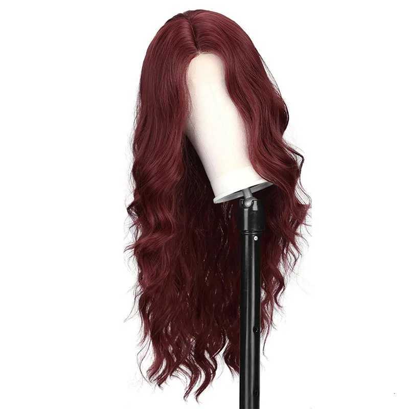 Red wine color synthetic wig with long curly hair full head of wig party daily use high-temperature hair wigT251111