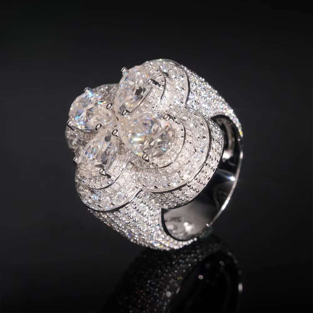 New hip-hop style fully chilled silver cross pear shaped cut men's silica ring