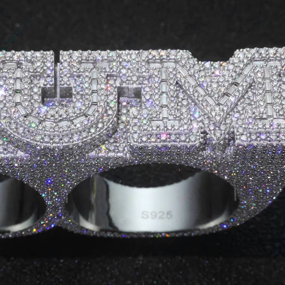 NUOYA 925 Silver Personalization Custom Letter Double Finger Ring Iced Out VVS Moissanite Luxury Hip Hop Fine Jewelry