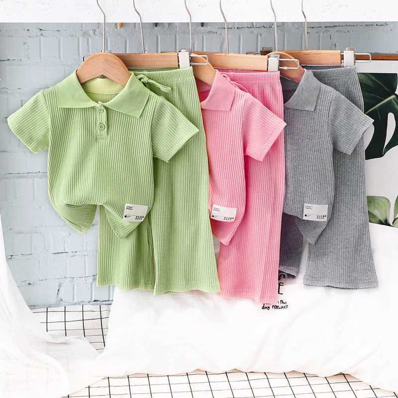 Girl Polo T-shirt Set Childrens Collar Pit Stripe Set Summer Short sleeved Top+Pants 2PCS New Childrens Solid Casual Set 2-8YXJ250410