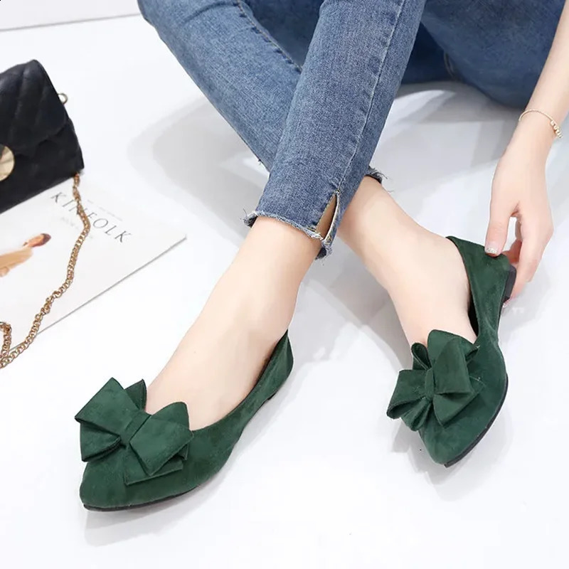 Women Fashion Green Bow Tie Flock Flat Shoes Zapatos De Mujer Lady Casual Black Office Party Shoes Sapatos Femininas A99 250410