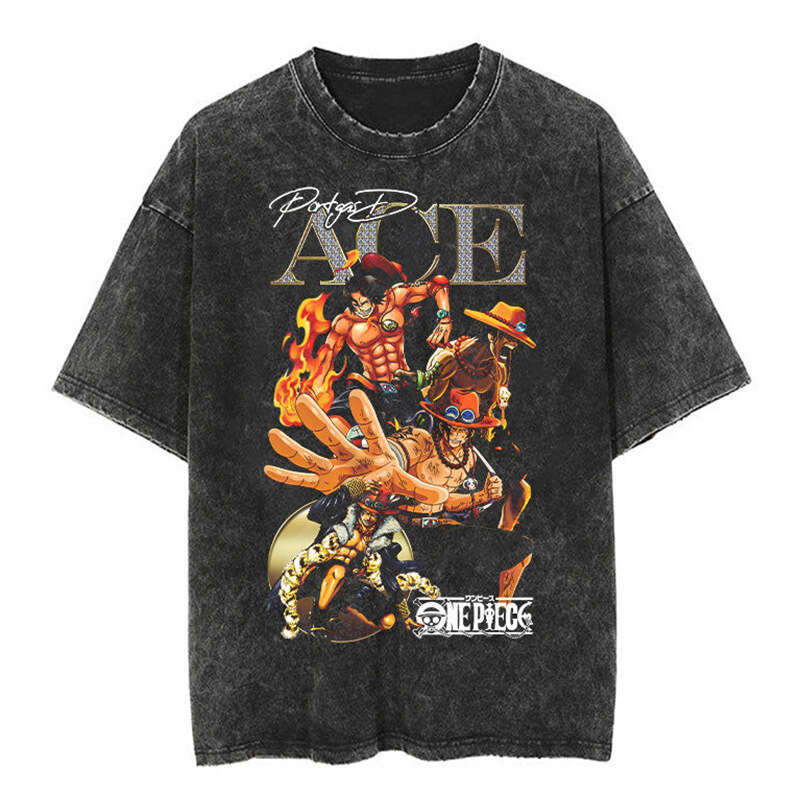 New Japanese classic One Piece Luffy anime oversize high street vintage washed wax printed short sleeved T-shirt