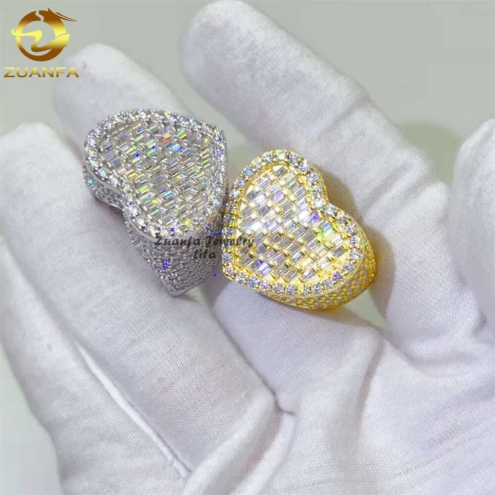 High Quality Iced Out Hip Hop baguette Heart Rings 925 Silver Gold Men Moissanite Diamond Ring