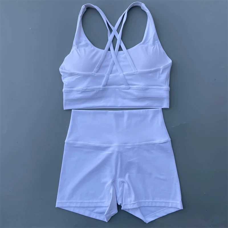 Solid color gym bicycle yoga set short leg+cross sports bra track and field suit womens gym set comprehensive training joggingW250411
