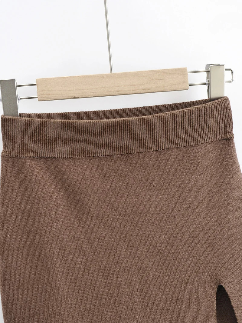 Knitted womens tight side brown solid high waist autumn fashion fitting Harajuku EGirl short sleeved QT047 250407