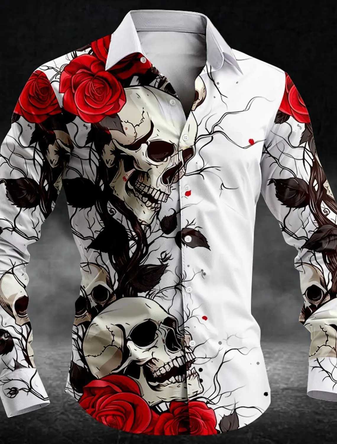 Mens Rose Skull Casual Dark Mens Button-Down Shirt Long Sleeve Party Evening Daily Shirt Collar Button K251110