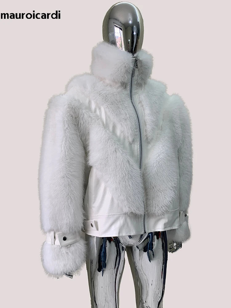 Mauroicardi Autumn Winter Short Thick Warm White Pu Leather Patchwork Faux Fur Coat Men Stand Collar Zip Up Fluffy Jacket 2025 251105
