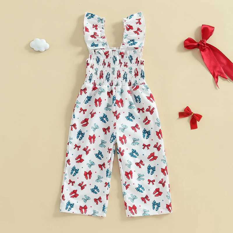 Cute girl floral print ruffled sleeves jumpsuit childrens summer full body hanging pants bow tie setXJ250410