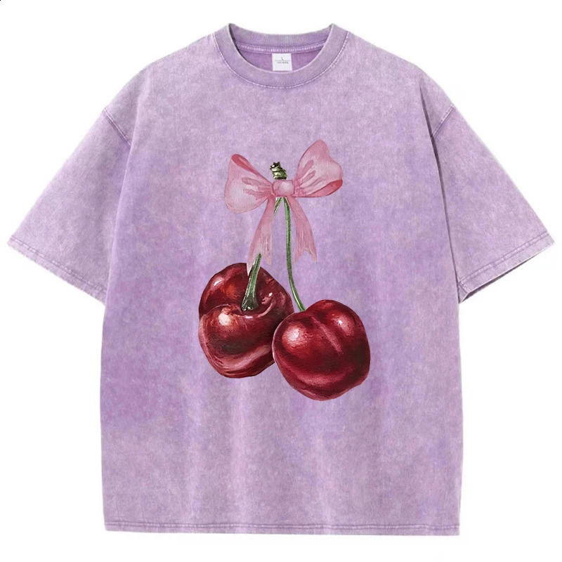 Womans Cotton Washed T-Shirts Fashion Distressed Loose Tee Shirts Carefully Packaged Cherries Prints Tops Casual Female Clothes 250410