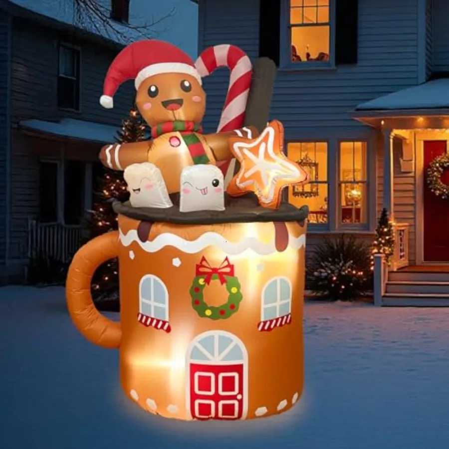 Christmas 6FT Christmas Inflatable Outdoor Decoration Featuring a Gingerbread Man in a Hot Cocoa Mug Blow Up Christmas Decorations for La Y251111