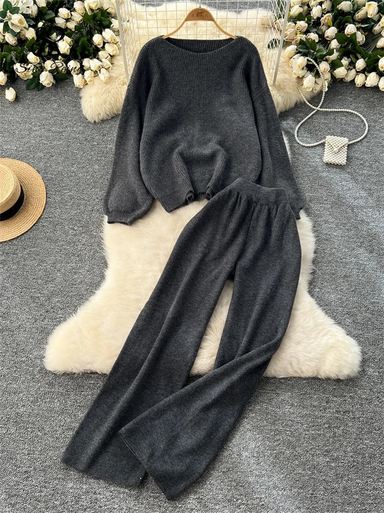 SINGREINY 2025 Winter Thick Women Suits Loose Sweater TopsHigh Waist Wide Legs Long Pants Autumn Solid Causal Warm 2 Piece Sets 251105