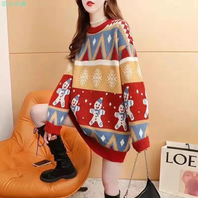 Autumn Winter Loose Oversized Sweater Women Christmas Snowflake Knitted Longline Thickened Pullover 251106