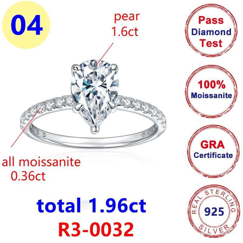 1.6CT Pear Full Moissanite Diamond Luxury Shaped Ring Wedding Rings 925 Sterling Silver 18k White Gold Top Quality for Women New