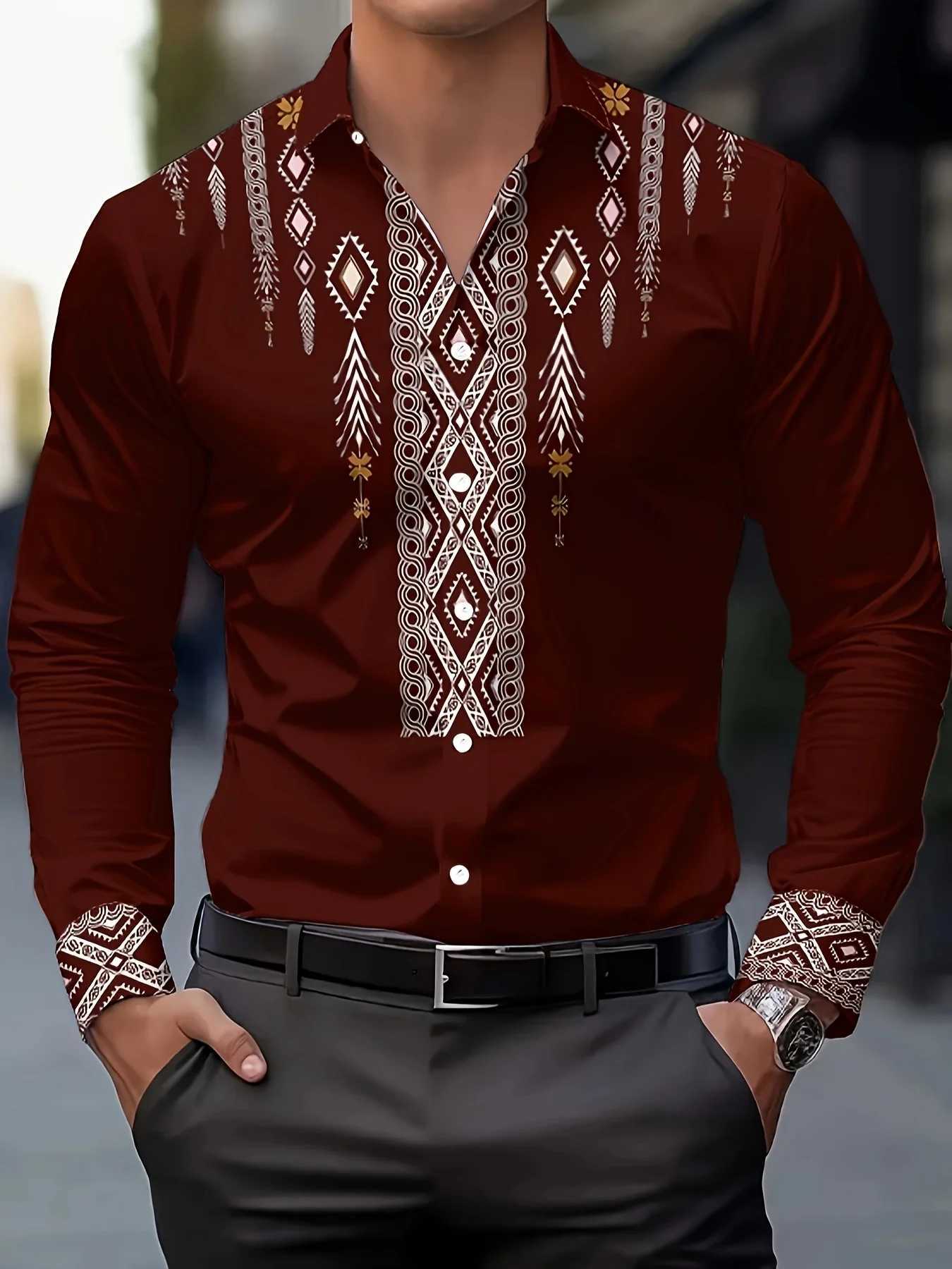 Mens Ethnic Print Casual Shirt - Breathable Long Sleeve Button-Up with Geometric Pattern Regular Fit Machine Washable K251110