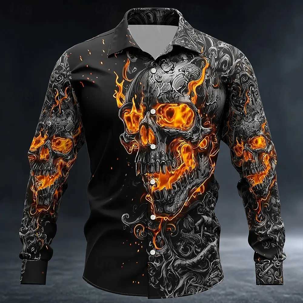 2025 Halloween Mens Skull Flame Halloween Costumes Shirt Button Up Shirt Long Sleeve Shirt Gothic Style Tops Fall Winter K251110