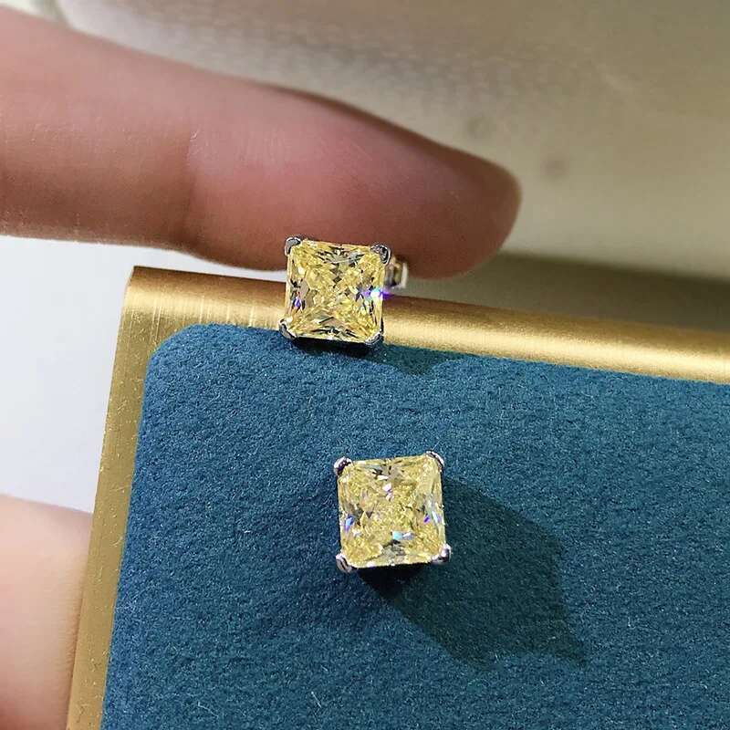 Gorgeous Simple Fine Jewelry Genuine 100% S925 Sterling Silver Princess Cut Yellow Lab Moissanite Diamond Women Stud Earring