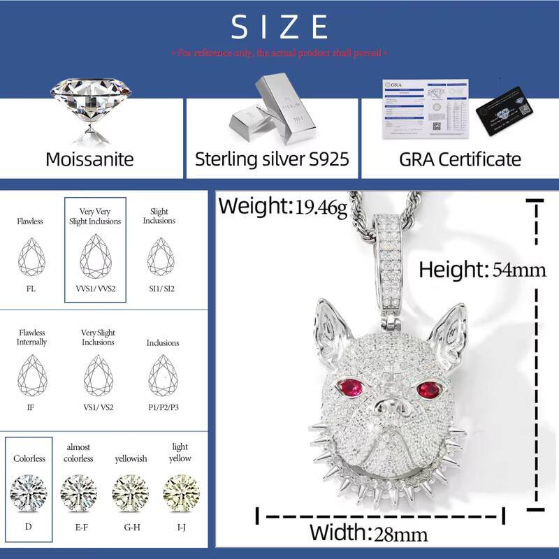Rapper Men Jewelry Gemstone Gold Plated 925 Sterling Silver VVS Moissanite Red Moissanite Eyes Hip Hop 3D French Bulldog Pendant