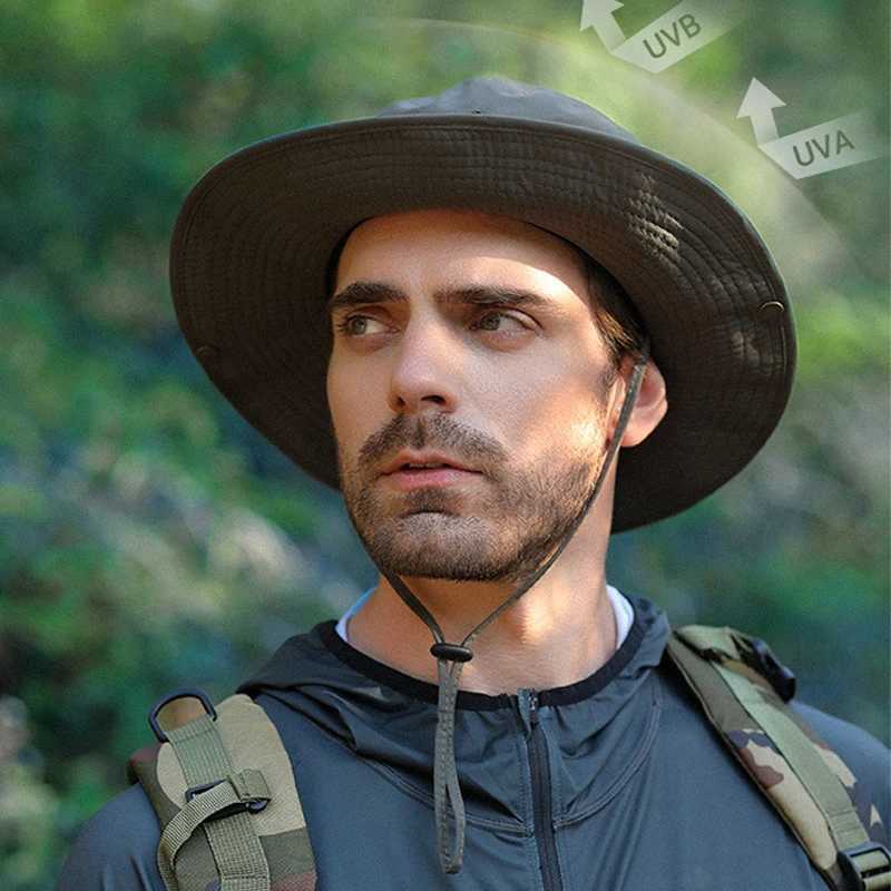 Men Bucket Hat Letter Embroidery Leather Label Cowboy Hat Waterproof Outdoor Hiking Fishing Cap Light 8cm Brim Anti-UV Sun HatC250411