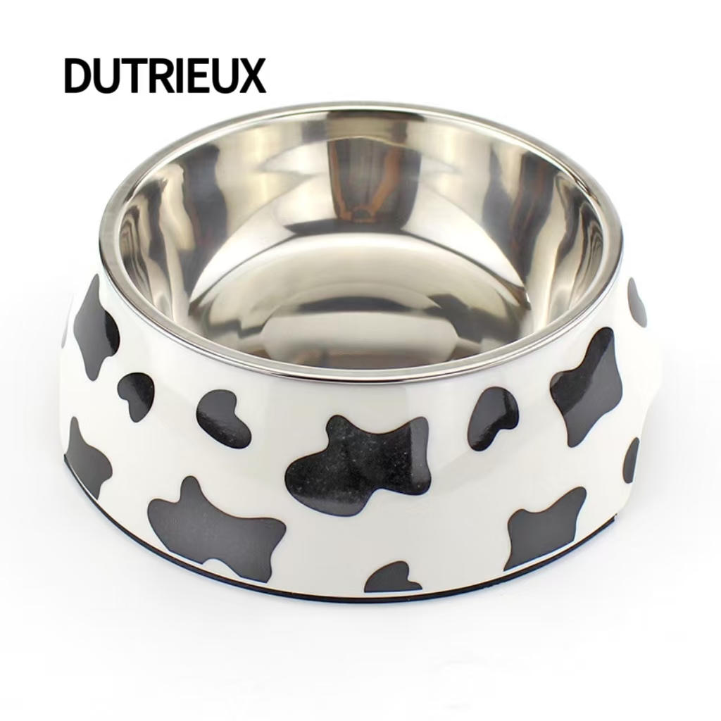 K3331 Anti-spill stainless steel pet bowl, weighted non-slip base, cartoon pattern, supplier of food bowls for dogs and cats.