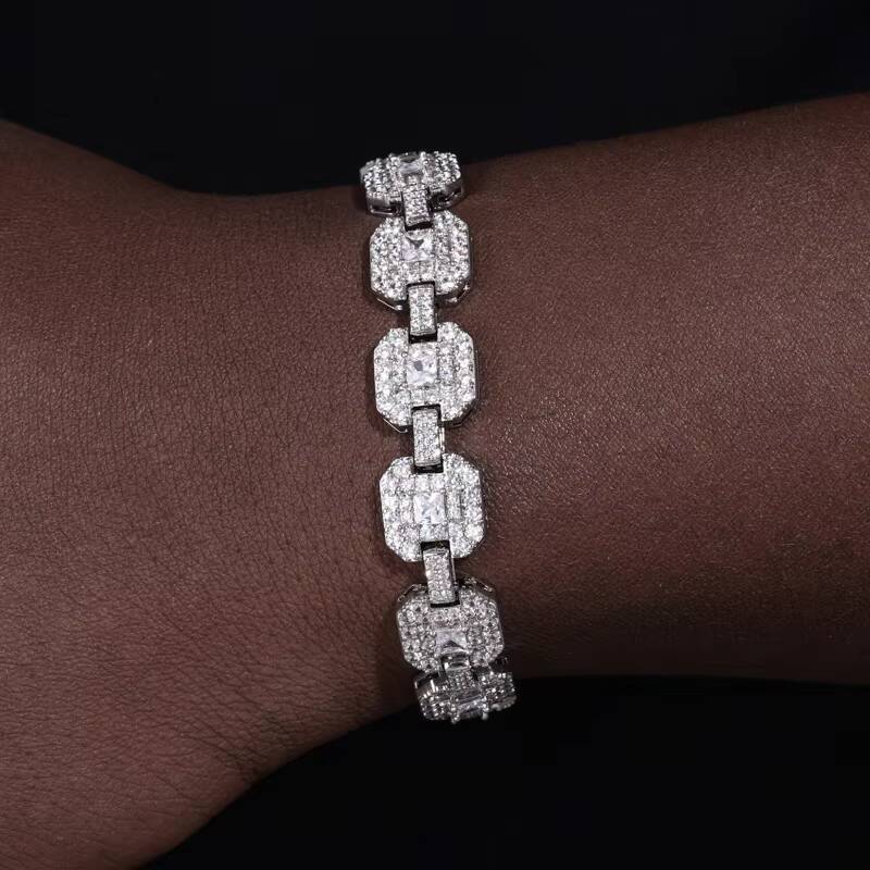 Luxury Hip Hop Jewelry 12mm Gold Plated 925 Sterling Silver VVS Moissanite Diamond Square Shaped Fashion Bracelet for Men Women