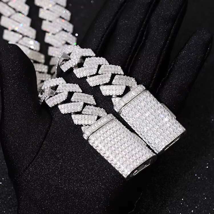 High Quality Custom Jewelry 20mm 925 Sterling Silver VVS Baguette Moissanite Diamond Iced Out Cuban Link Chain for Men
