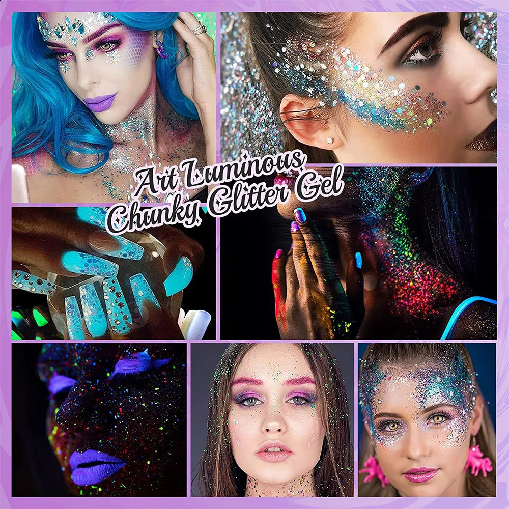 12 Colors Body Face Glitter Makeup Glitter Bar Makeup Cosmetic Glow in the Dark Glitter Gel Fine UV Glitter Face Festivals 250410