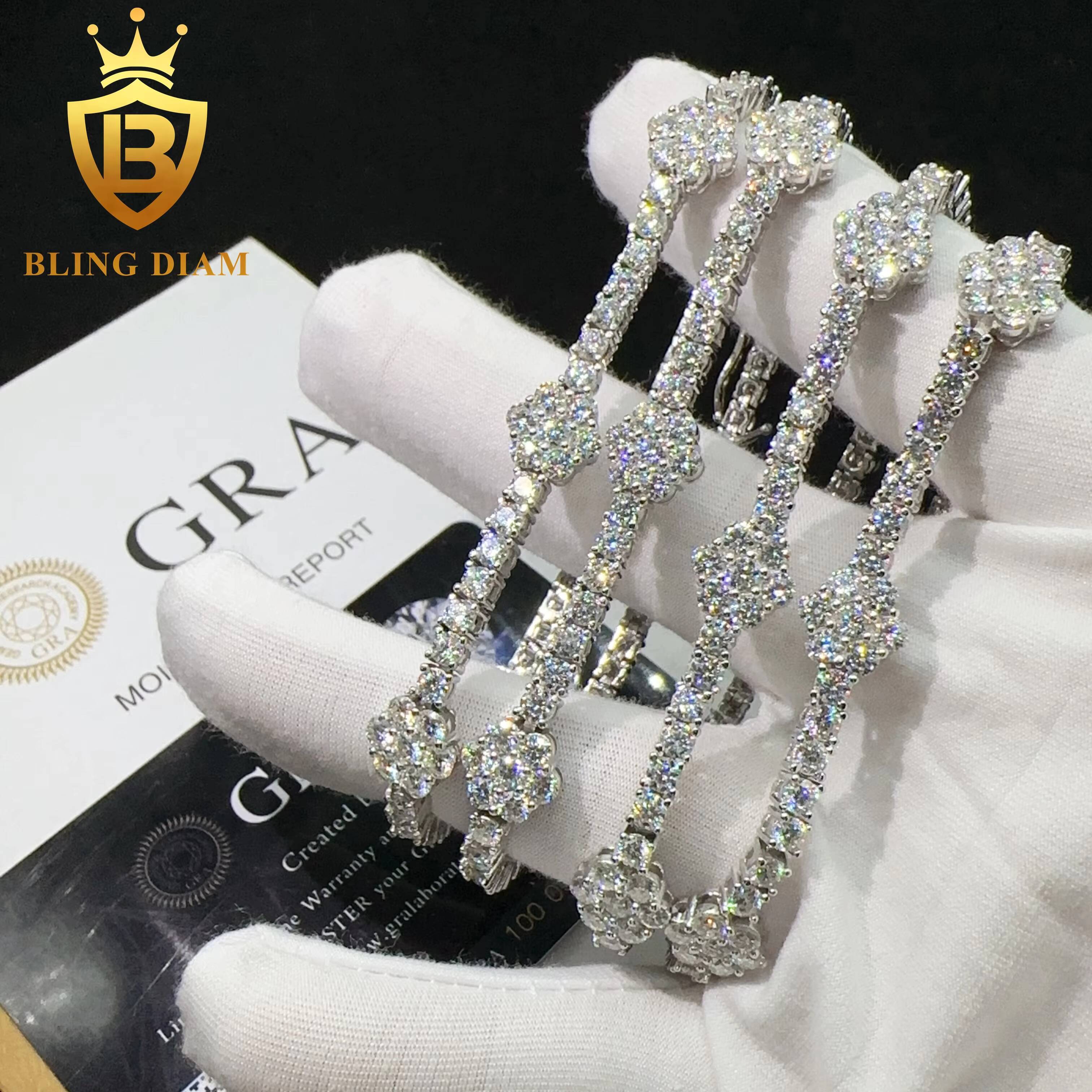 Fashion Jewelry Luxury Bracelets 925 Sterling Silver Vvs Moissanite Diamond Flower Tennis Chain Bracelets