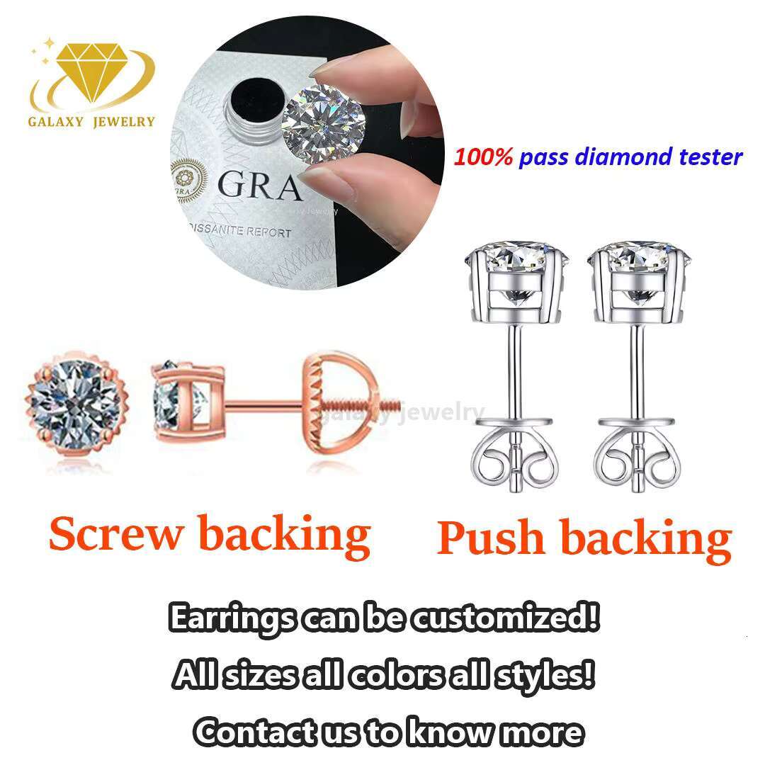 Fashion Stud Earrings Screw Back Vvs Moissanite Hip Hop S925 Silver 10k 14k Gold Diamond Round Solitaire Stud Earrings